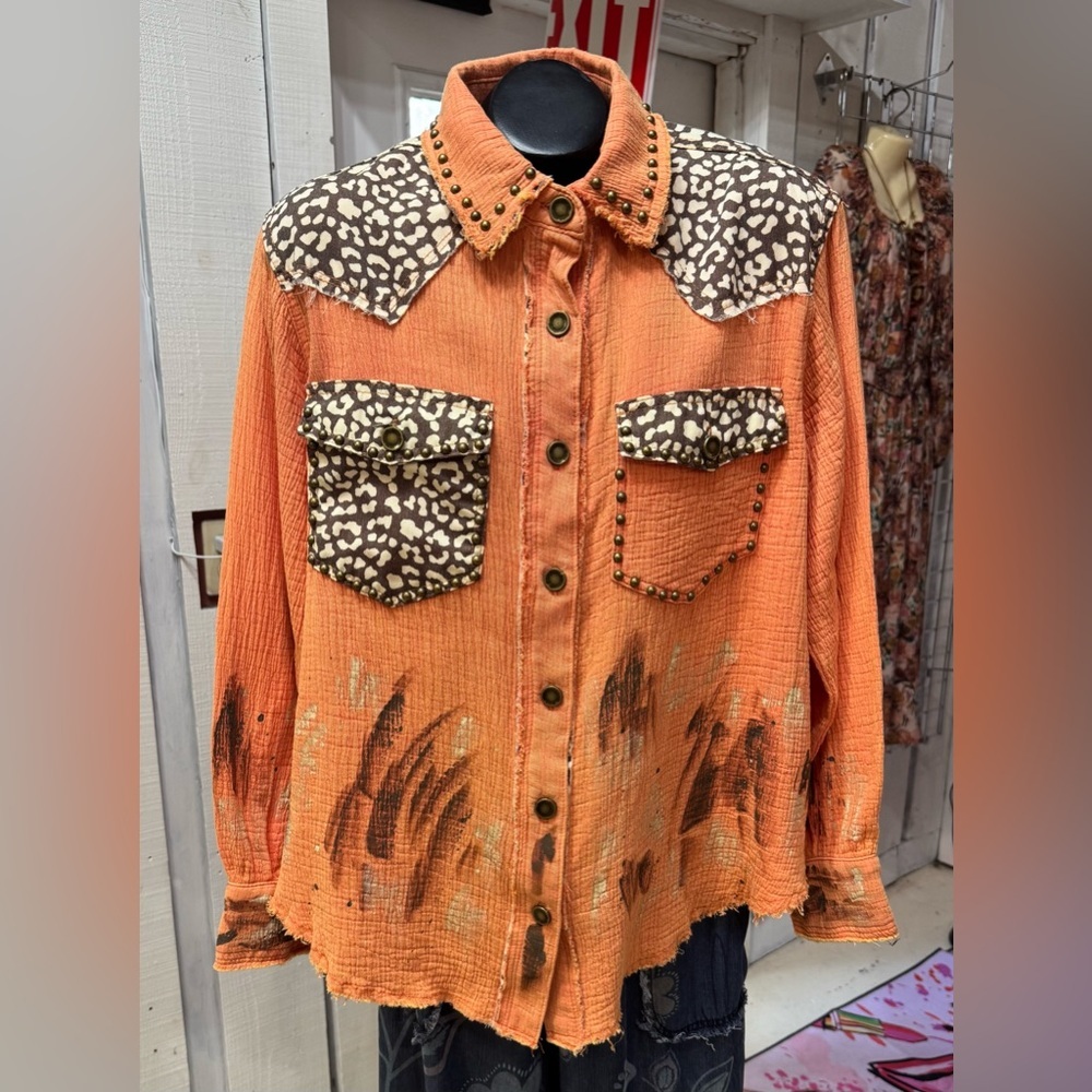 Orange Leopard Print Women's Button Up -POL